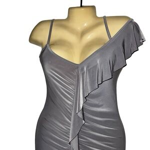 Boohoo Grey One-Shoulder Ruffle Slip Dress